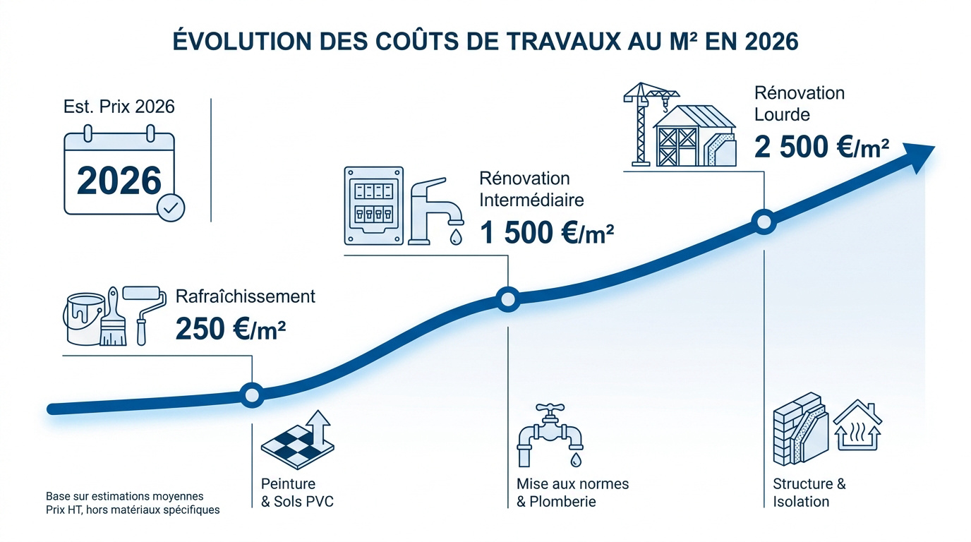 Graphique prévisionnel de l'évolution des prix des travaux de rénovation au mètre carré pour l'année 2026